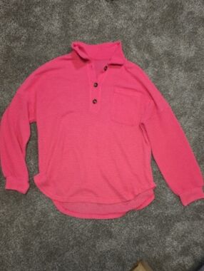 Women's Pink Waffle-Knit Button Pullover Sweater